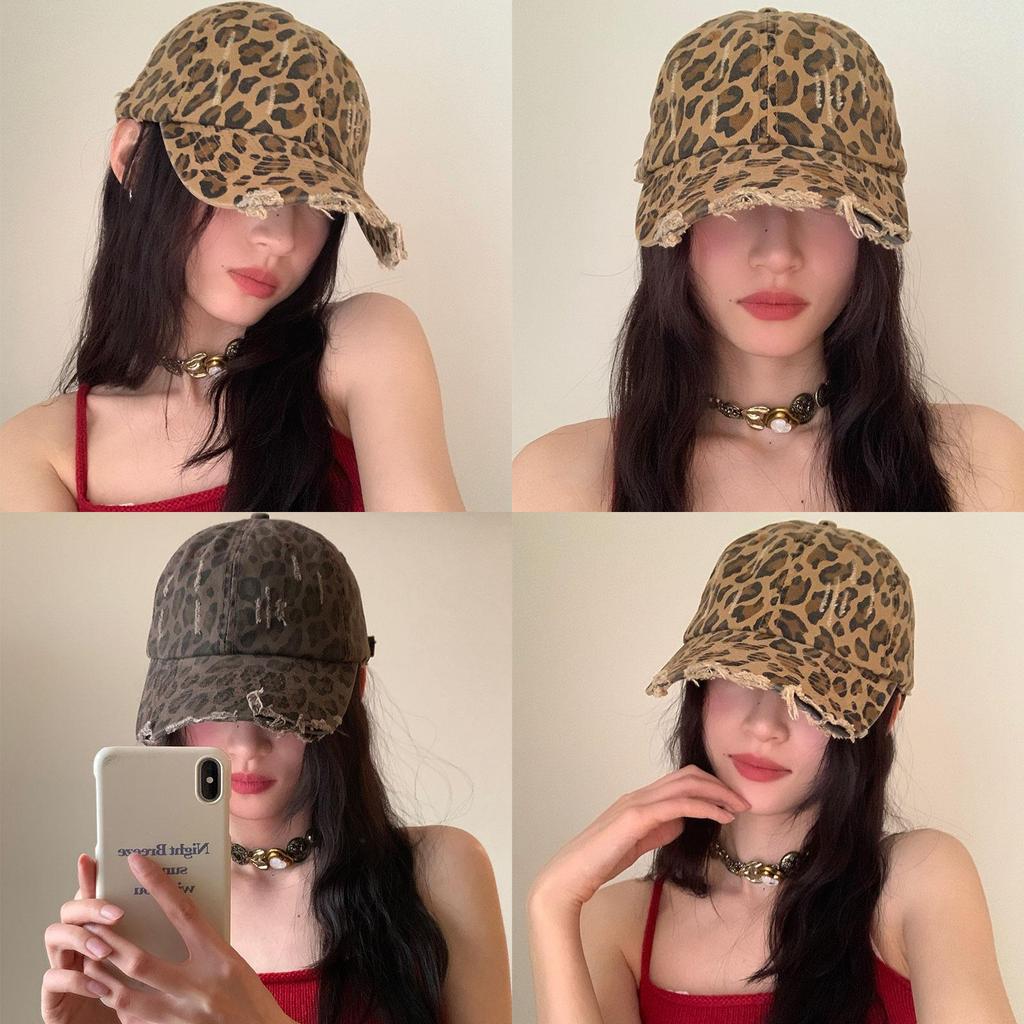 Vintage Leopard Print Adjustable Baseball Cap For Women With Embroidered Style And Sun Protection