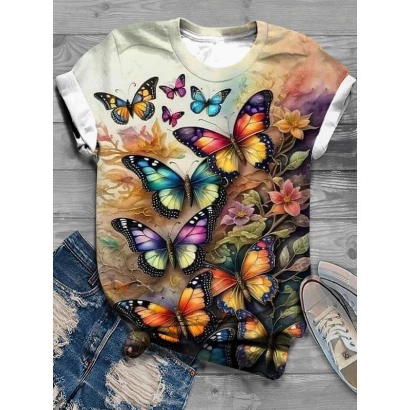Summer Round Neck Flower Butterfly Pattern 3D Print Top Fashionable Casual Short Sleeved Women's T-shirts