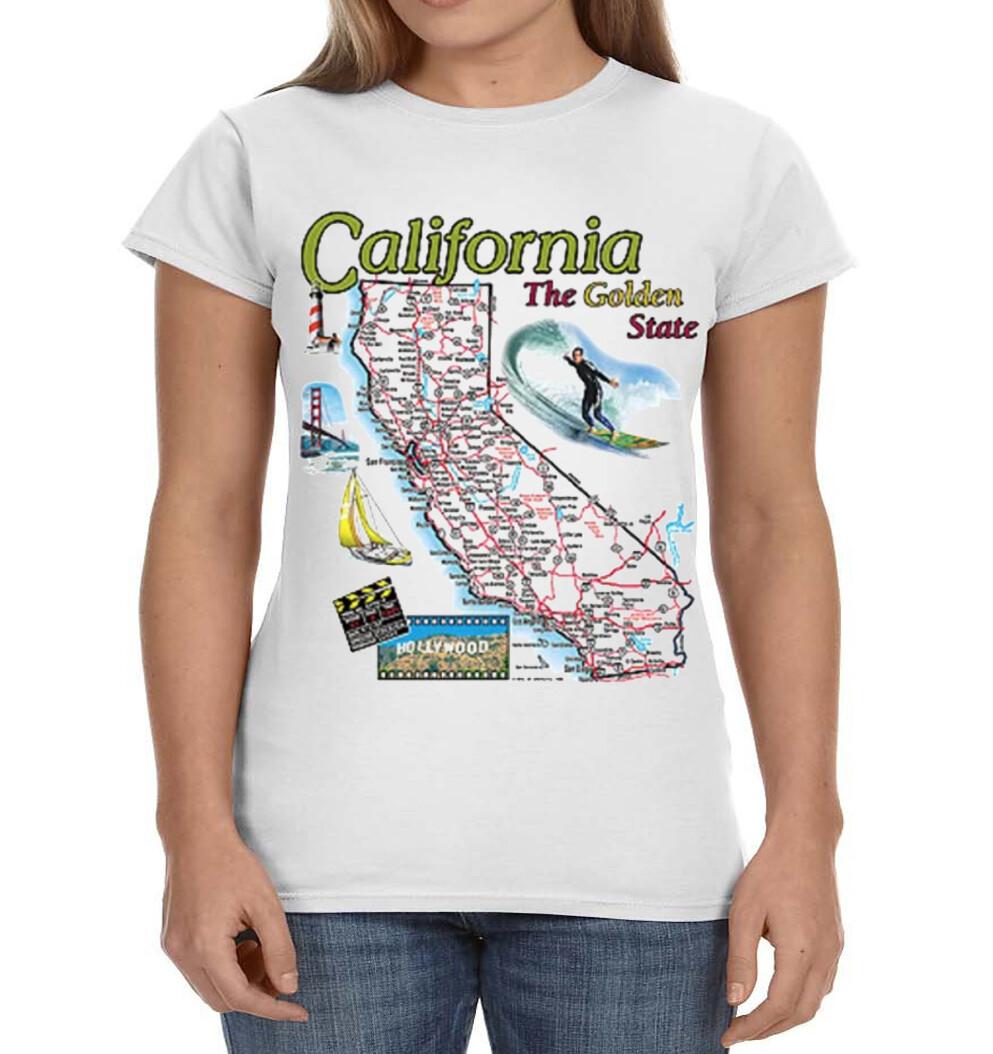 Ladies Graphic Tee California State Map Souvenir T-shirt M