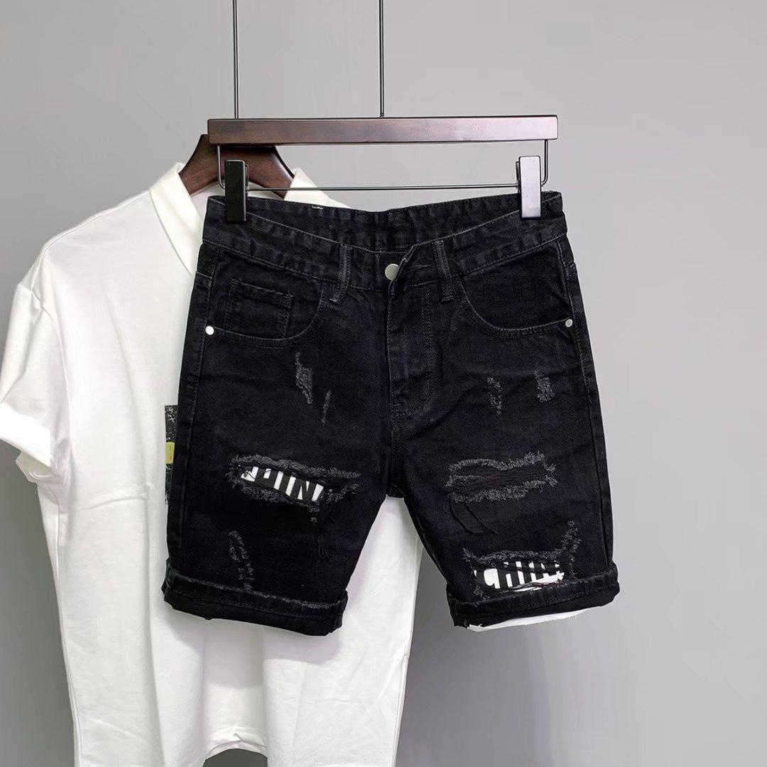

Summer Korean-Style Slim Fit Denim Shorts with Distressed Patches for Men 28 чорний