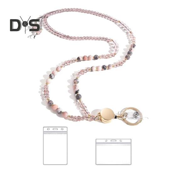 Natural Stone Faux Crystal Card Holder Adjustable ID Lanyard Women Handmade Beaded Badge Holder Lanyard