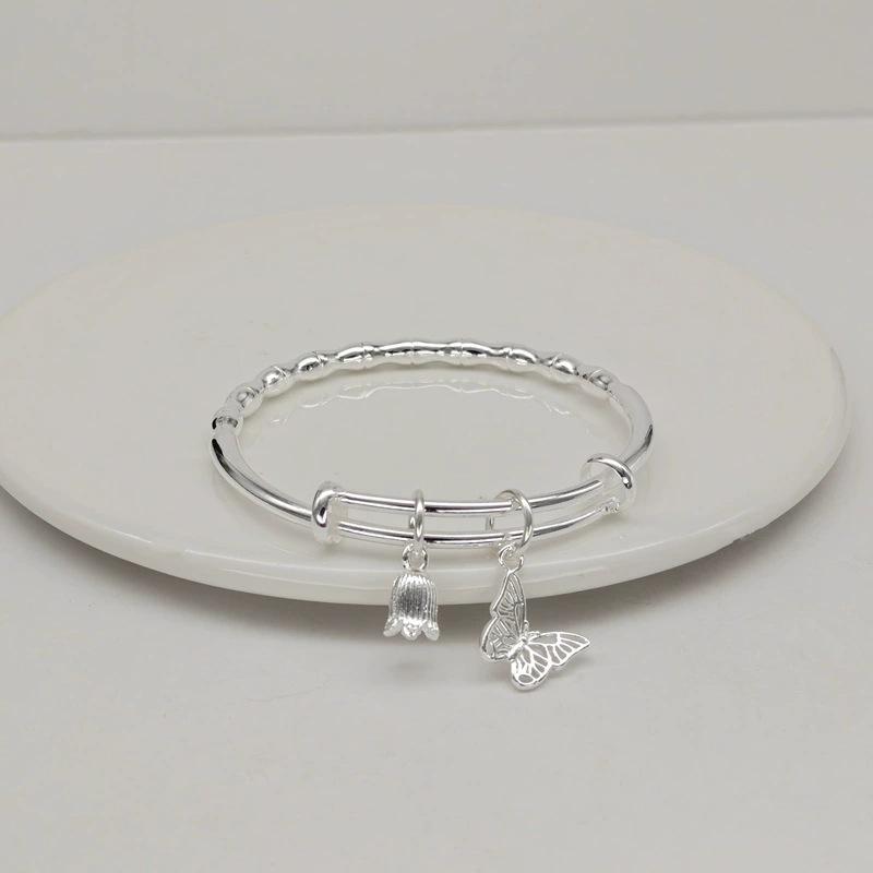 New Chinese-style National Design Silver-plated White Copper Adjustable Sliding Solid Personalized Fashion Butterfly and Bamboo Bracelet