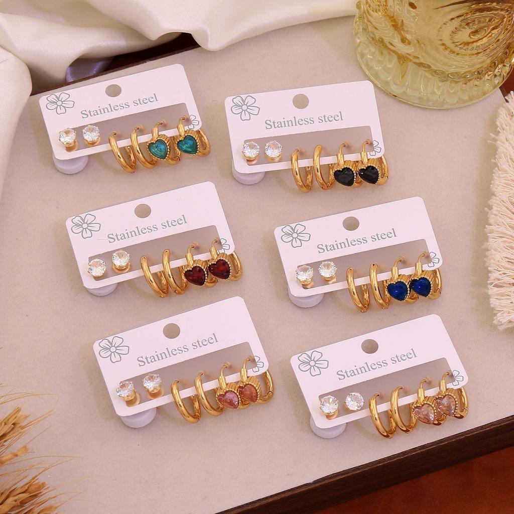 3 Pairs Set Rhinestone Heart Hoop Earrings Fashion Stainless Steel Ear Jewelry Niche Elegant Ear Studs