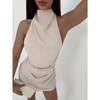 Women's Satin Halter Neck Mini Dress Backless Draped Waist Sleeveless Elegant Cocktail Party Evening Clubwear Short Dress 4 Colors