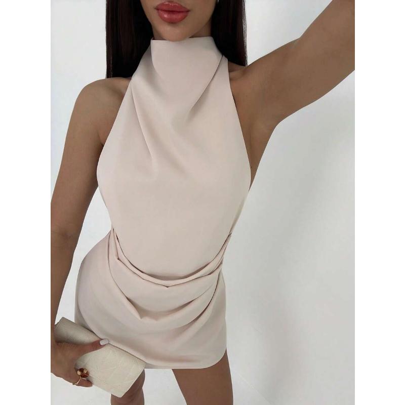 Women's Satin Halter Neck Mini Dress Backless Draped Waist Sleeveless Elegant Cocktail Party Evening Clubwear Short Dress 4 Colors
