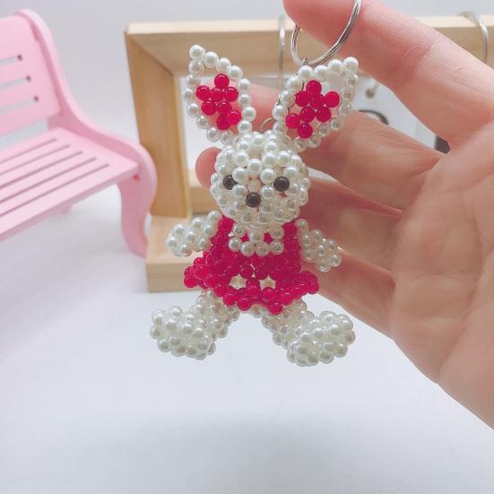 Faux Pearl Bear Rabbit Keychain Pendant Handmade Braided Lightweight Charm Key Chain Backpack Bag Accessory