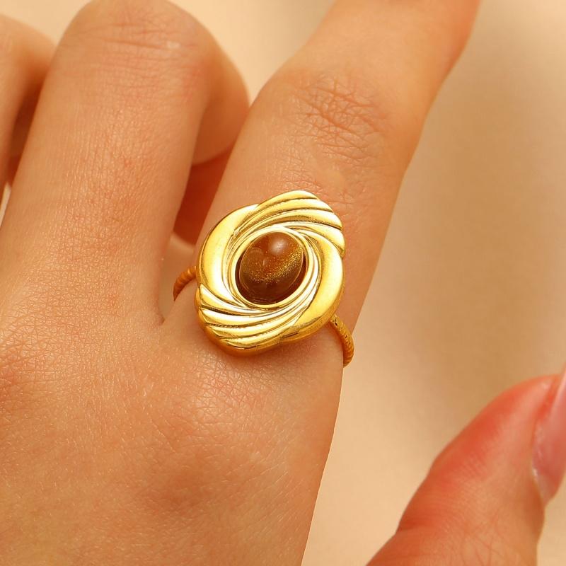 Stainless Steel Green Natural Stone Rings for Women Men Vintage Trend Punk Jewelry Gold Color Opening Ring Waterproof Gift New