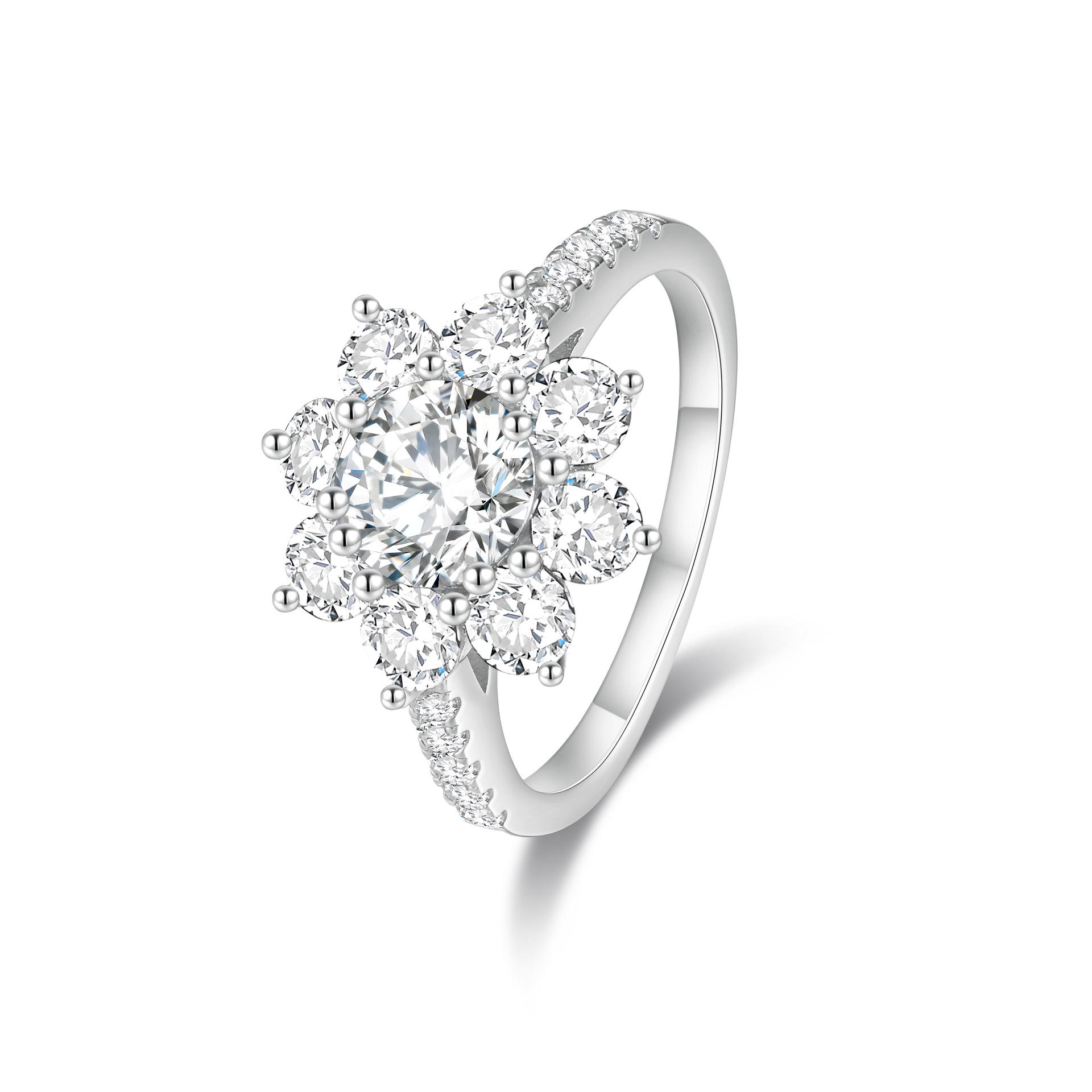 925 Silver Sunflower Snowflake Ring with 5A High Carbon Diamond - Luxury Casual Size 7 белый