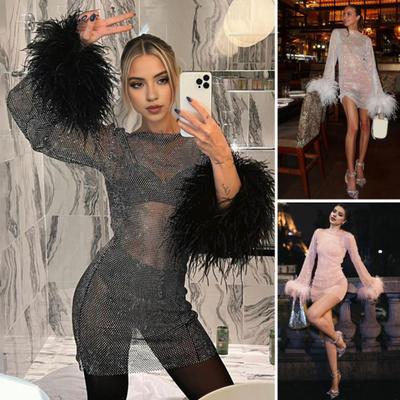 Vestido de noite sexy com glitter e punhos com acabamento em pele, decote redondo, mangas compridas, vestido slim fit transparente