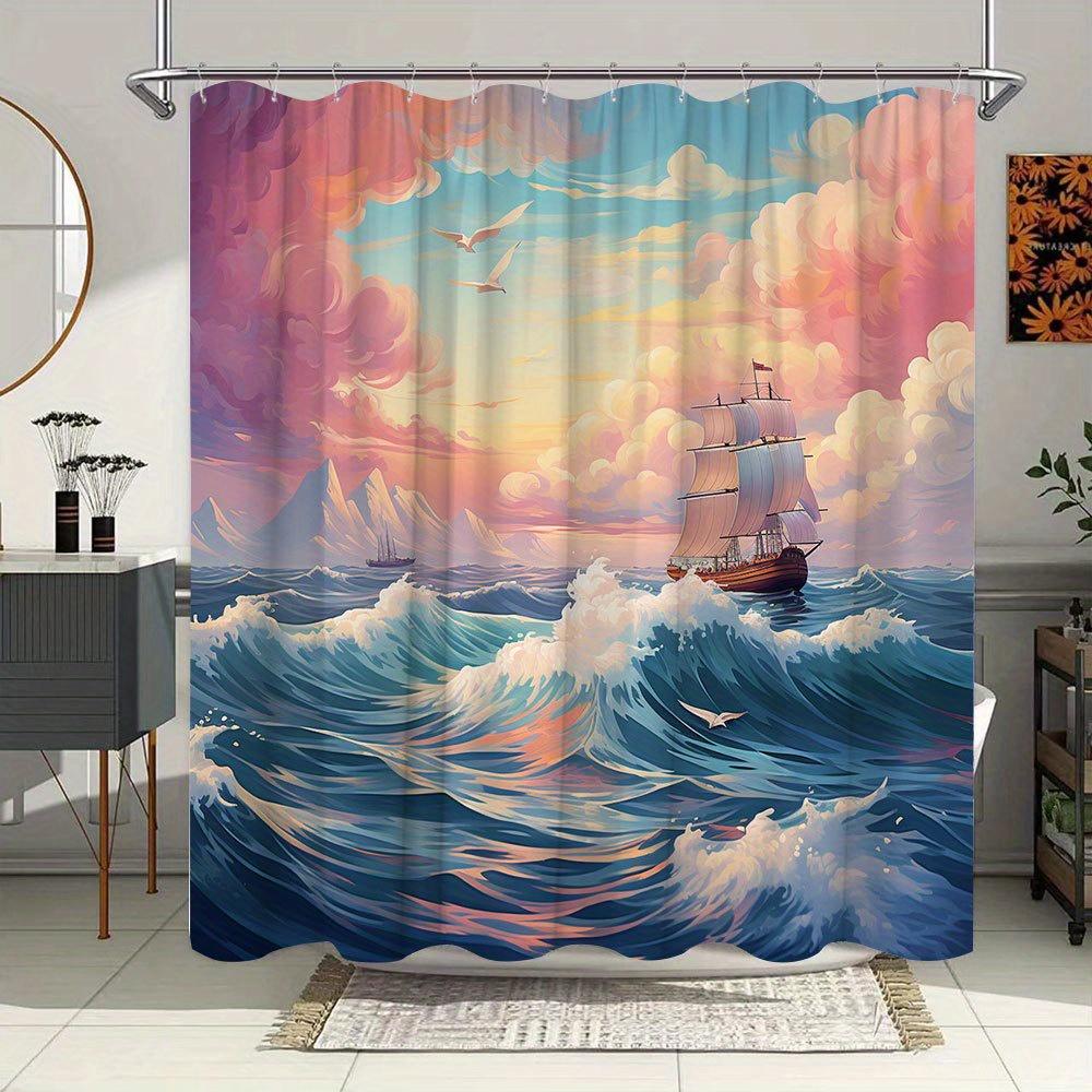 1Pc Extra Large Bath Curtain - Majestic Three-Masted Sailing Ship Sunset Ocean Seascape Design, Vibrant Pink Orange Blue Nautica
