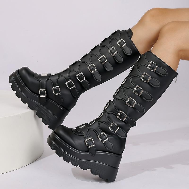 Fashion Gothic Black Platform Combat Boots Women Punk Style Metal Buckle Motorcycle Boots Woman Thick Bottom PU Leather Knee High Boots