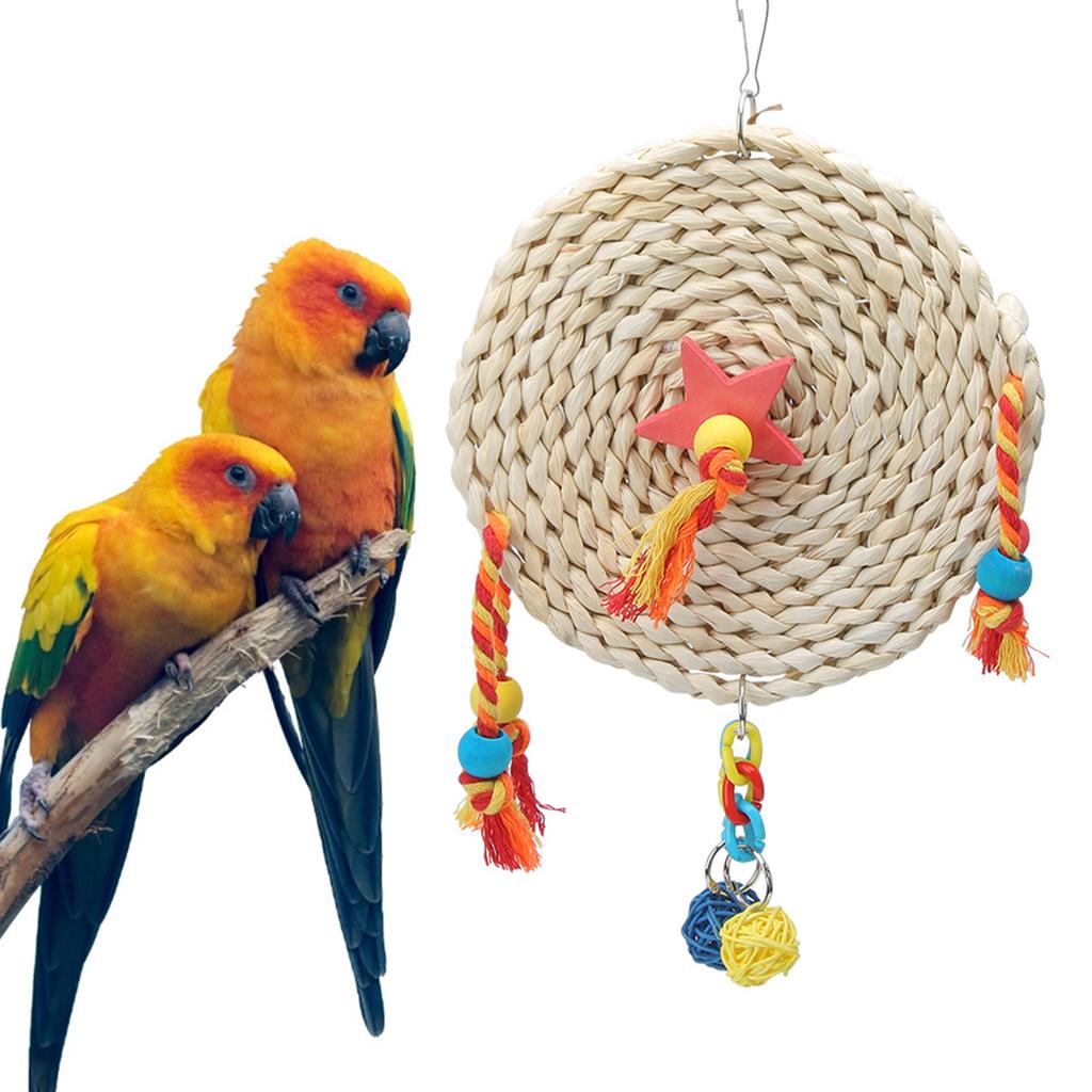 Pet   Non Toxic Straw Plaited Wood Block Chewing Biting Hanging Swing Toy Bird Cage Accessories(S )