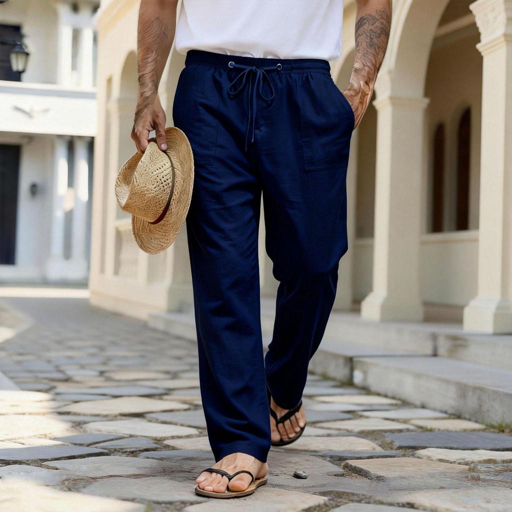 2026 Casual Men's Loose Summer Breathable Beach Pants with Drawstring and Straight Leg Design in Solid Colors.