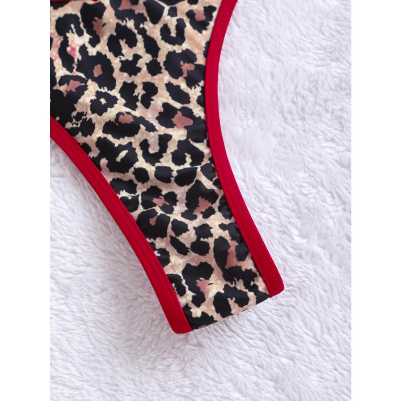 Set Bikini a Triangolo con Stampa Donna Leopardato Pois Stampa Frutta Bordi a Contrasto Laccetti Laterali Sexy Sfacciato Costume da Bagno Estivo da Spiaggia