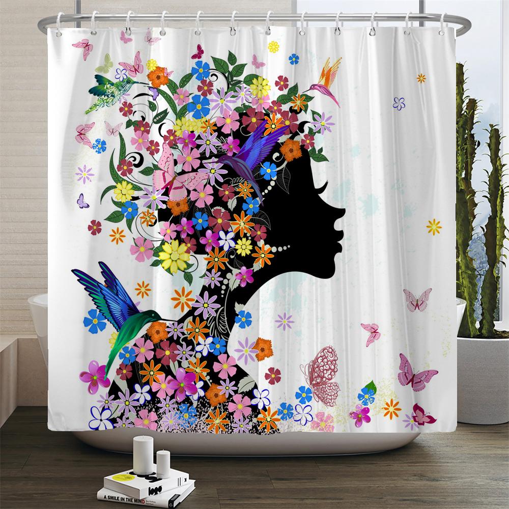 Butterfly Flower Girl Bathroom Curtain Polyester Waterproof Fabric Shower Curtain Valentine's Day Heart Pattern Bathtub Screen