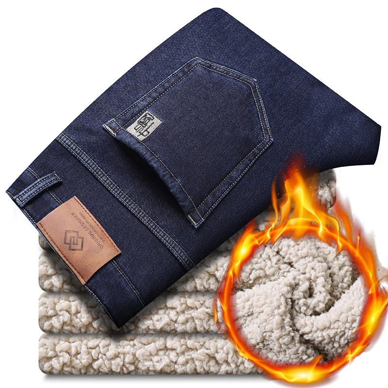 Winter Men's Fleece Warm Jeans Style Business Casual Thicken Fit Denim Pants Black Blue Trousers