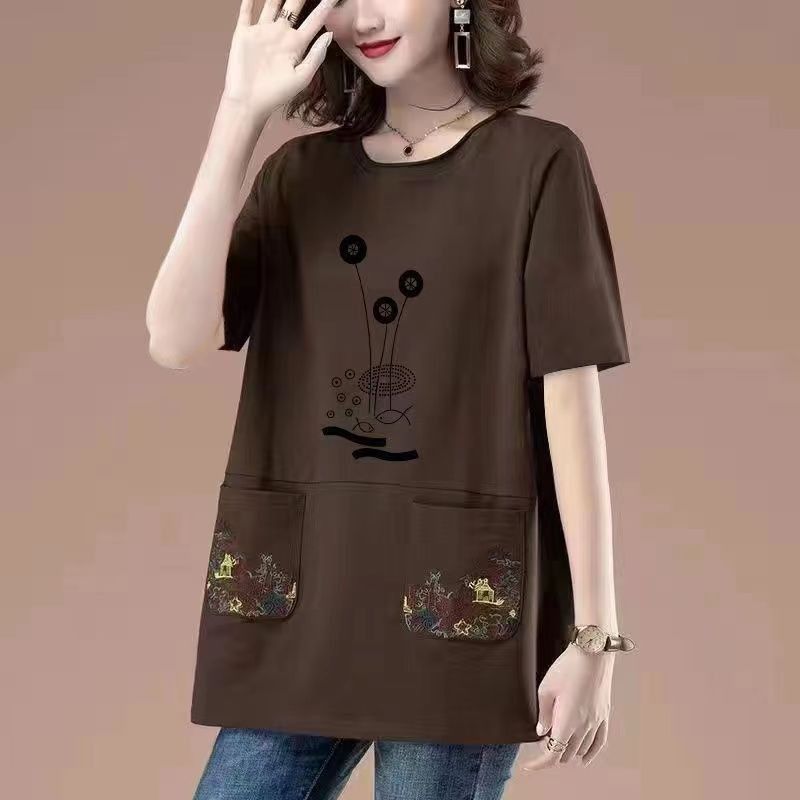 Long Length Pure Cotton Short-Sleeved T-shirt for Women Summer New Arrival Loose Plus Size Middle-Aged Ladieswear Loose Tummy Hiding Slimming Tops