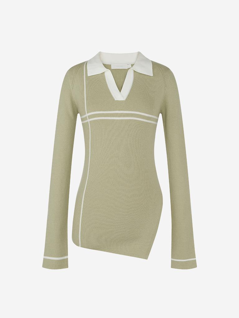 LORDLOAR Diagonal Slit Ribbed Collar Knit L/Khaki