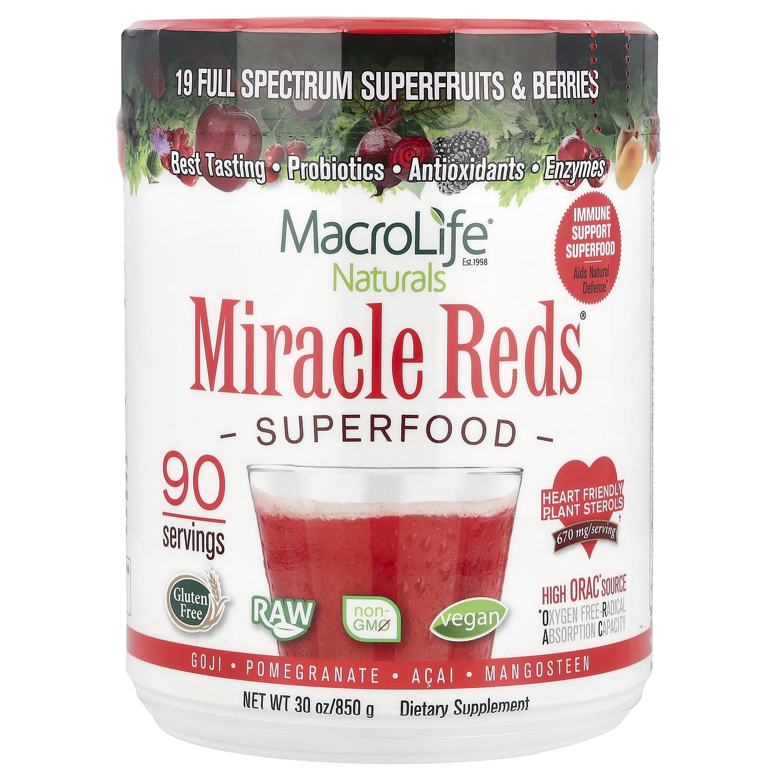 

Miracle Reds, Superfood, Goji Berry-Pomegranate-Acai-Mangosteen, 850G(1.9Lbs)