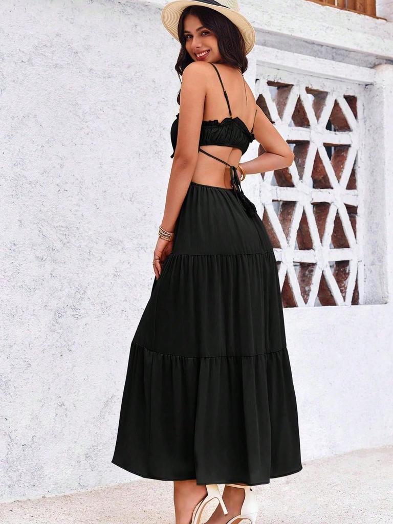 Abito Lungo Estivo Boho da Donna con Spalline Sottili, Taglio Laterale, Schiena Scoperta