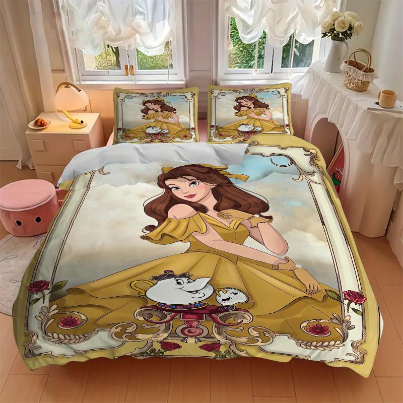 3pcs Beauty and the Beast Belle Bedding Set 1 Soft Quilt Cover + 2 Pillowcases, Machine Washable Suitable for All Seasons S007