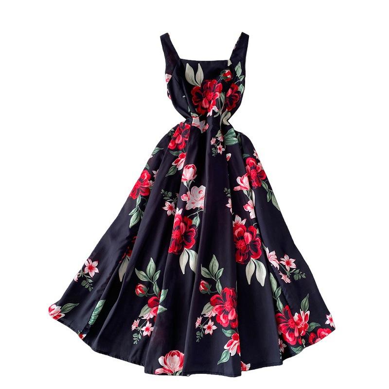 European and American vacation romantic style printing square neck suspender dress women's summer high-end feeling waist and thin big swing dress