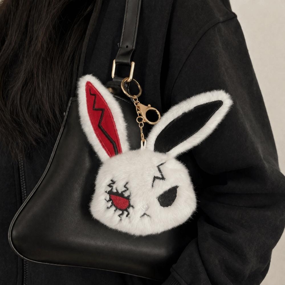 Dark Style Plush Rabbit Keyring Animal Wounded Rabbit Keychain Fluffy Backpack Pendant Daily Use