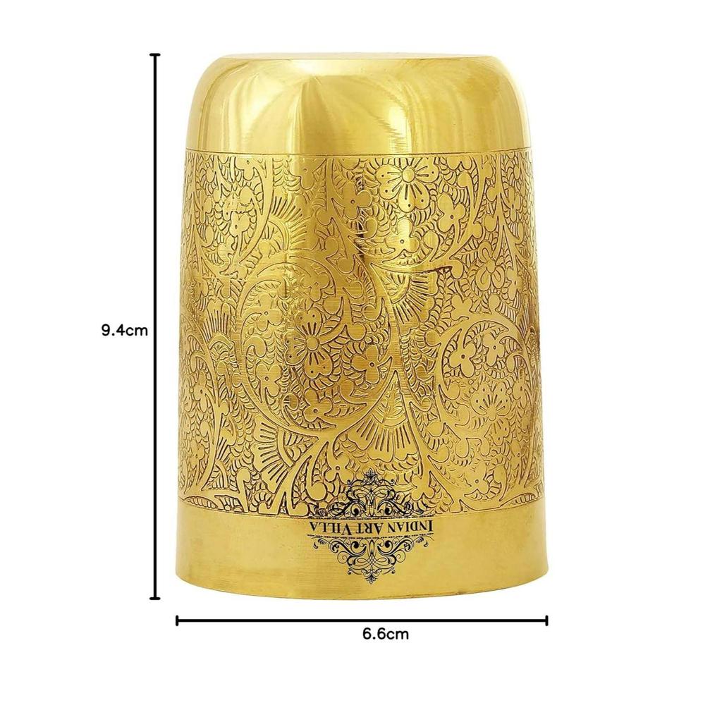 Pure Brass Glass Tumbler with Floral Embossed Straight Design, for Drinking Serving Water, Yoga & Ayurveda, Volume-300 ML, Set of 6