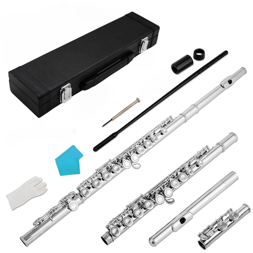 Factory Direct: Multi-color 16-hole/key C-tuned nickel-plated flute with silver-plated E key, wooden case