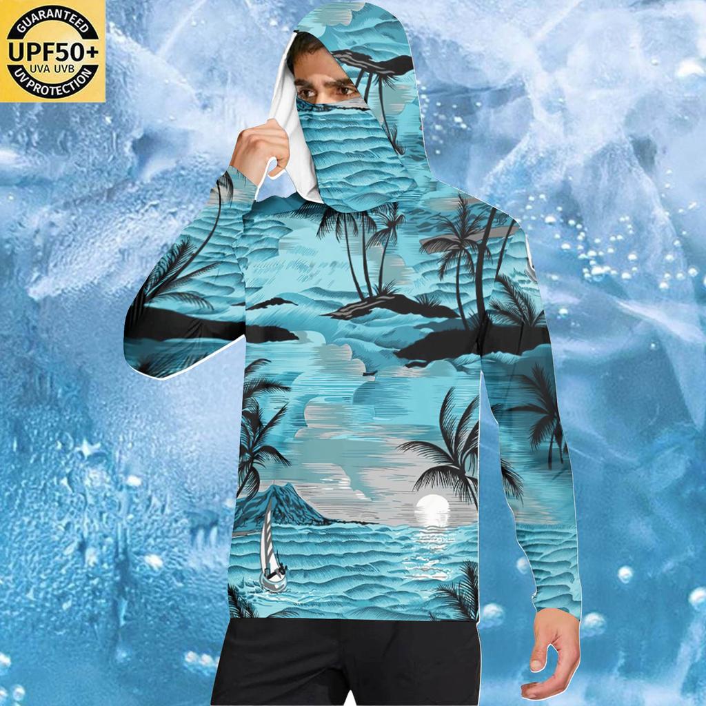 Men's Casual Hawaiian Print Hooded Long Sleeve Sun Protection Shirt Lightweight Breathable UV Protective Top for Outdoor Activities
