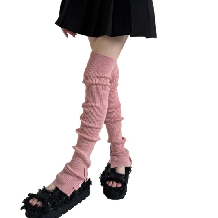 Women Japanese Ribbed Knitted Leggings Gaiters with Slit Buttons Harajuku Aesthetic Thigh High Leg Warmer Footless Socks
