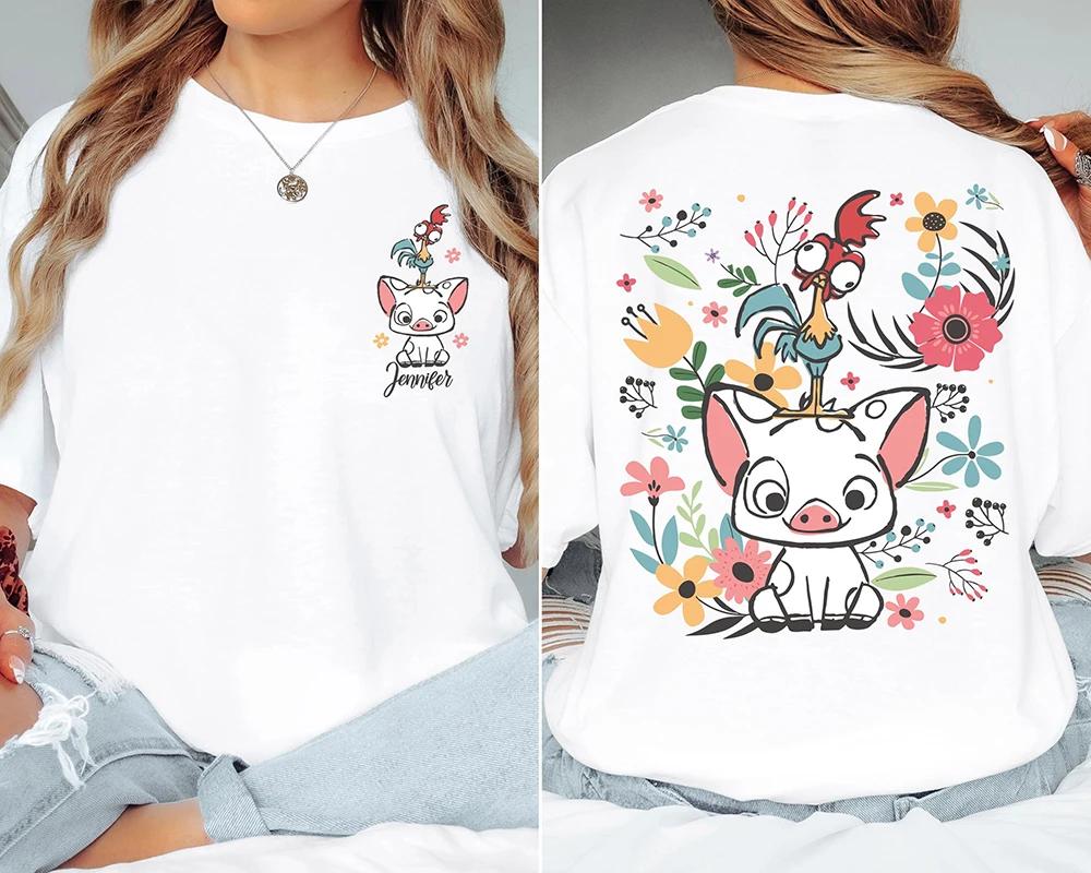 Personalized Floral Moana Shirts Pua And Hei Hei Print Shirt Short Sleeve Y2K Top Casual Daily Trendy  Women clothes t shirts S