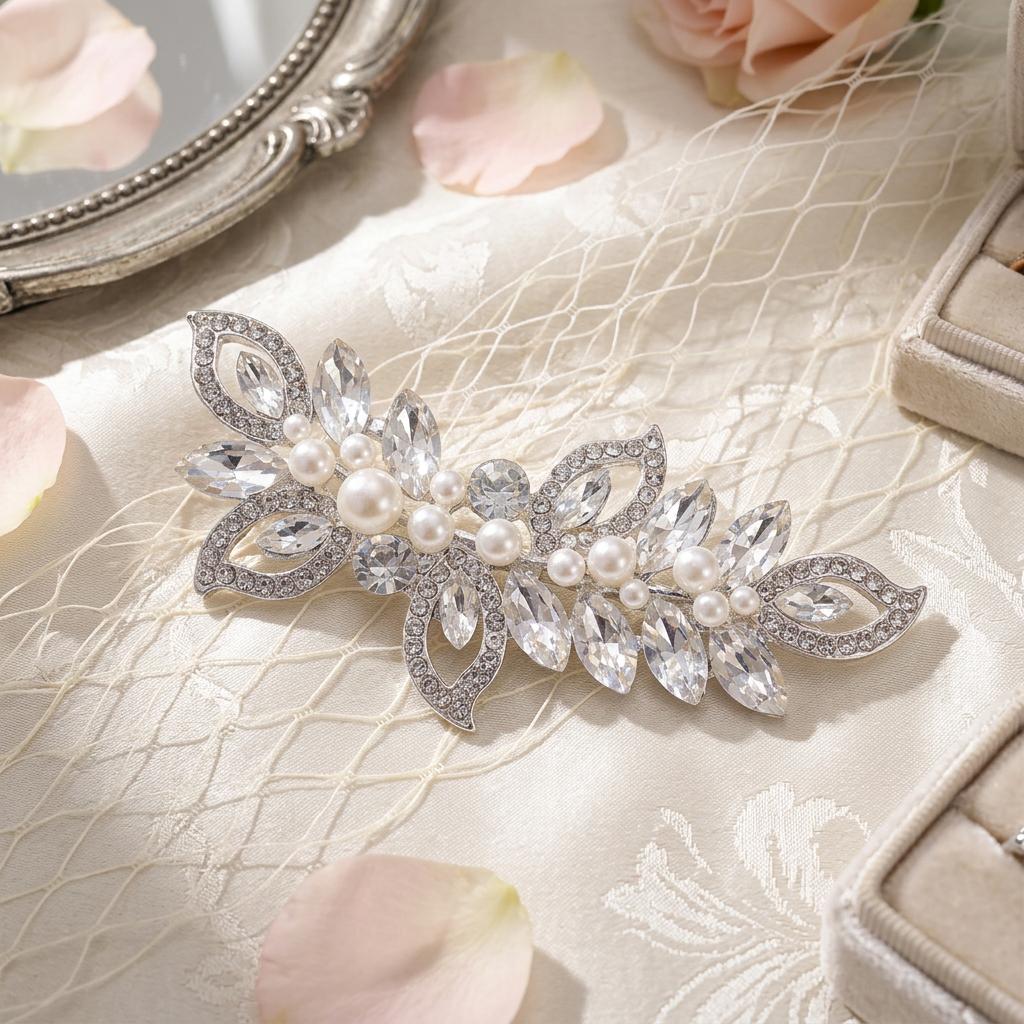 Bridal Rhinestone Pearl Hair Clip Alloy Comb Shaped Accessory With Crystal And Pearl Decoration For Wedding Dress