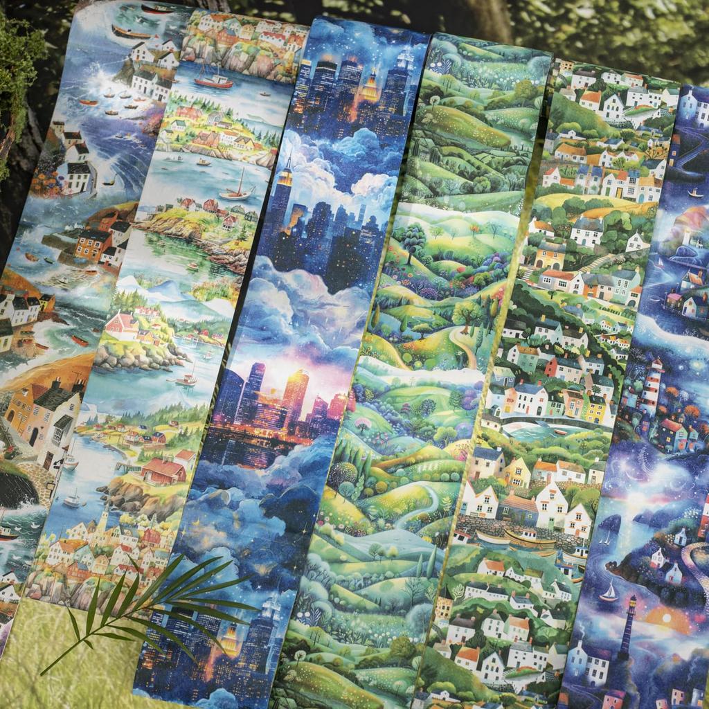 Alideco Wide Washi Masking Tape Set, 6 Rolls, 8.0 Cm × 2 M, Retro Landscape & Lighthouse (Design Chongjingderiyuye)