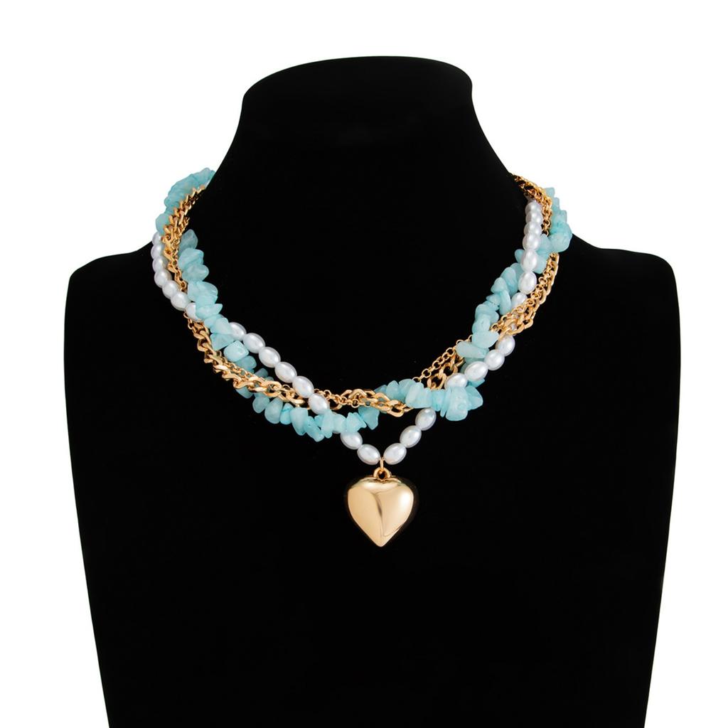 Elegant and Simple Heart-shaped Pendant Necklace, Fresh and Sweet Turquoise Imitation Pearl Necklace, Women's Daily Dating Jewelry Accessories