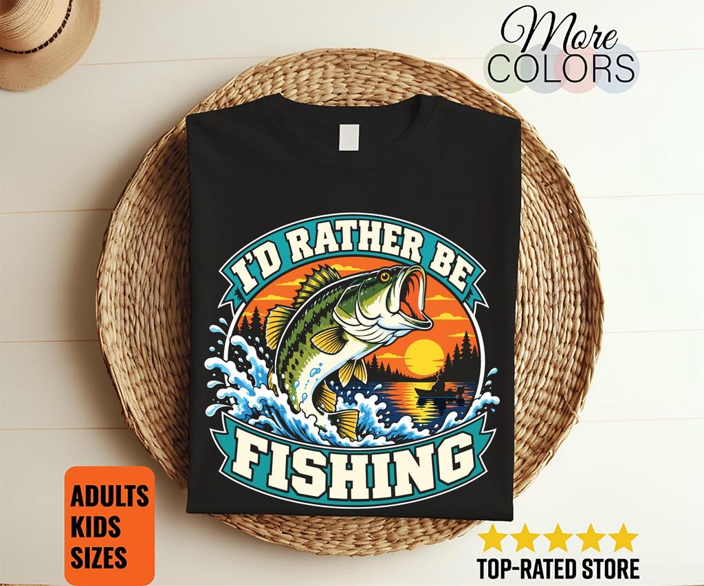 I'd Rather Be Fishing Shirt, Retro Bass Design Tee, Sunset Lake Angler Gift, Fisherman Birthday Present, Outdoor Travel Outfit, Nature Lover
