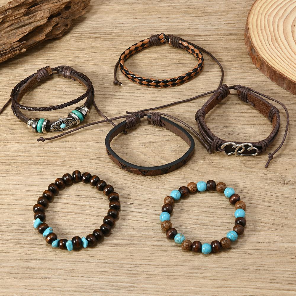 Leather Bracelets for Men Women Handmade Wrap Woven Cuff Bracelets Wooden Beaded Bracelets Vintage Ethnic Tribal Wristbands Bracelet Set Adjustable