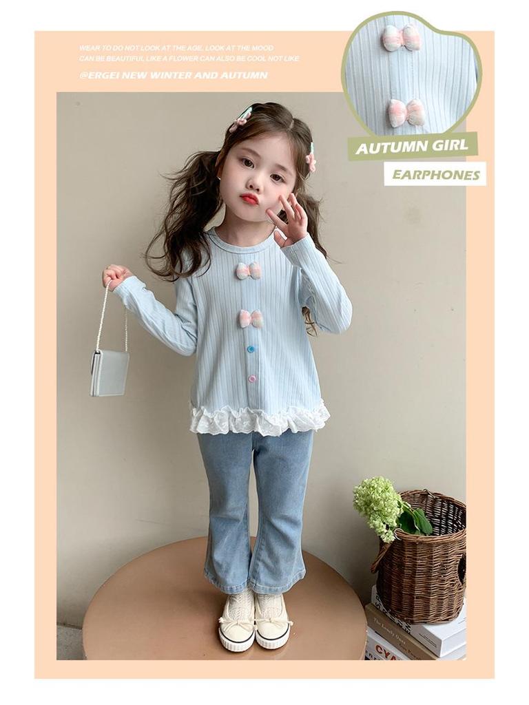 Girls' Autumn 2025 Lace Trim Long Sleeve T-Shirt with Bow