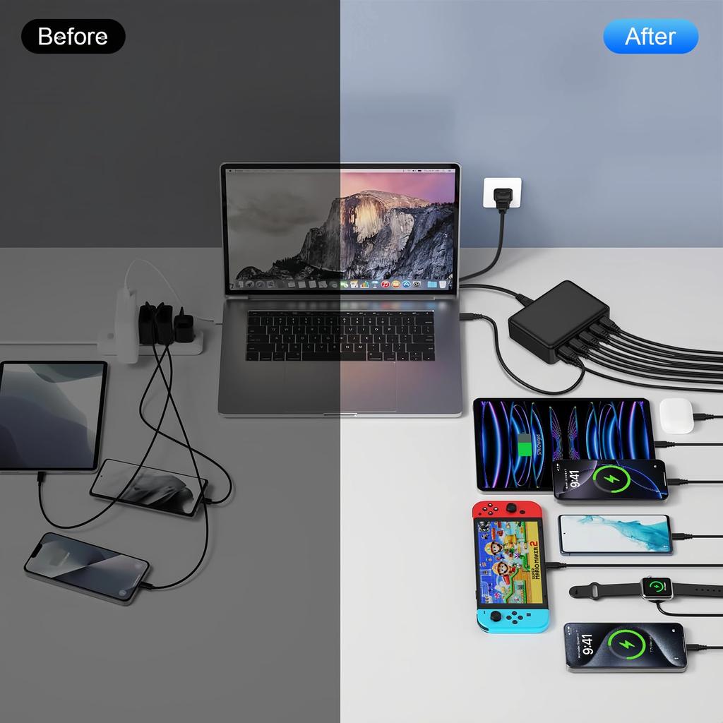 USB Charger with 5 USB-C and 5 USB-A Ports, 70W Total Output, 10 Ports, 2025 Model, Fast Charging, AC Adapter, Compatible with Smartphones and Tablets