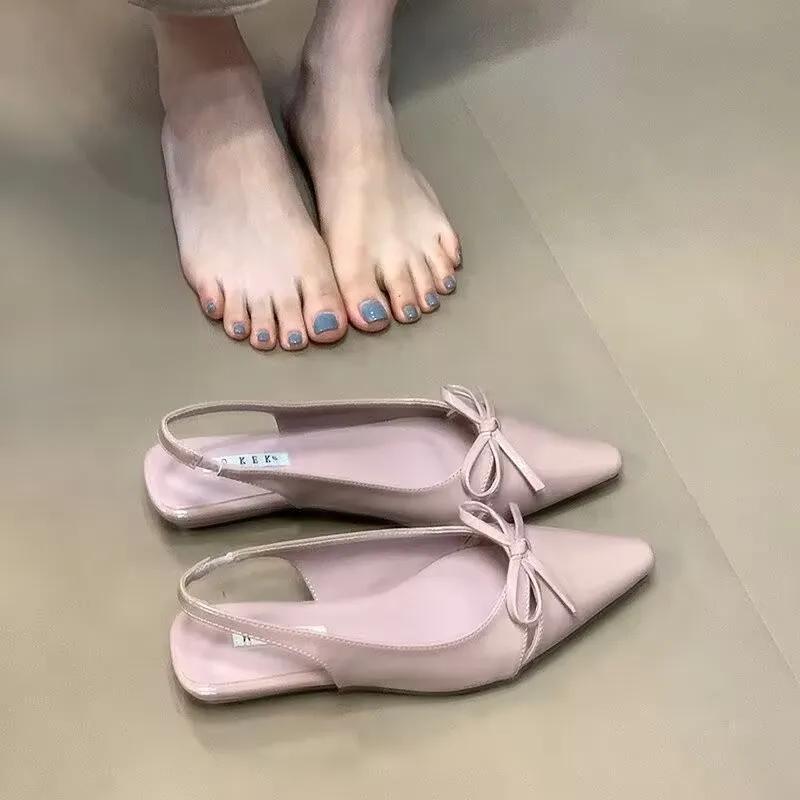 Versatile Womens Sandals with Anti Slip Slim Heel Close Toes Elastic Band Bow 2025 Summer Outdoor PU Black/White Fashion Sandals