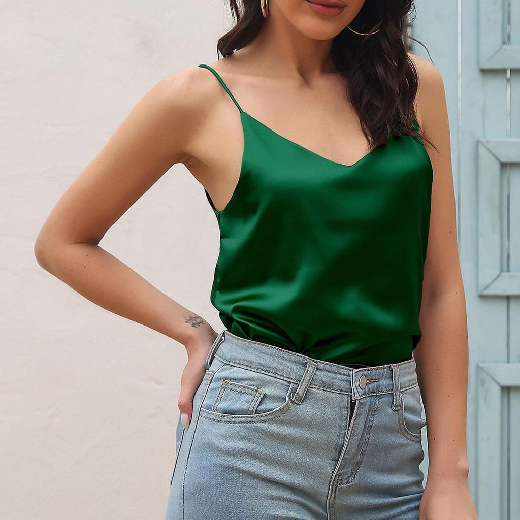 Women's Cami Tank Tops Spaghetti Strap V Neck Satin Camisole Sleeveless Soft Sleeveless Shirts Tank Tops