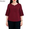 ZANZEA Women Casual Round Neck Solid Color 3/4 Sleeve Blouse