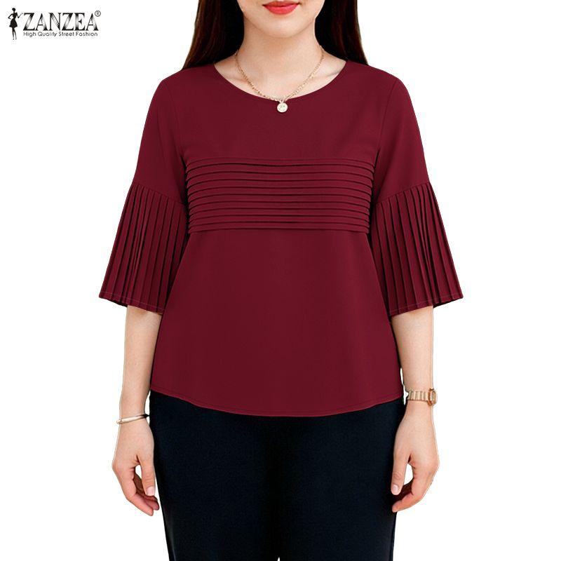 ZANZEA Women Casual Round Neck Solid Color 3/4 Sleeve Blouse