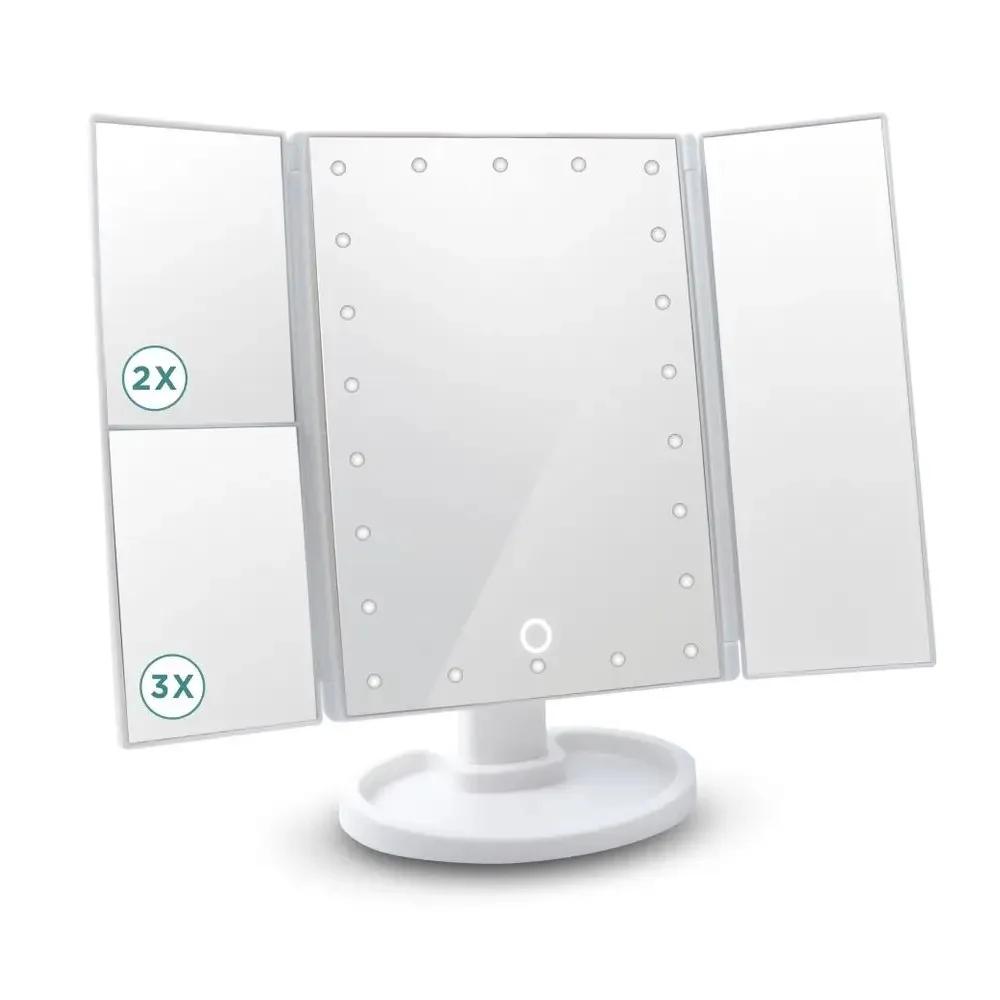 LED Vanity Makeup Mirror with Touch Control, Adjustable Lighting 1X, 2X, 3X Magnification, Trifold Design Ideal Gift for Women