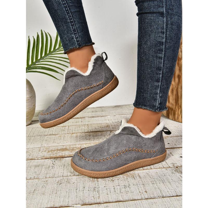 Women's Autumn-Winter Flat Solid-Color Warm-Lined Thickened Snow Boots, Cozy Casual Footwear, Available In Large Sizes.