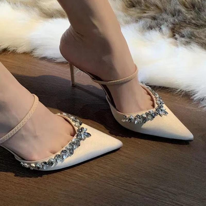 Modern High Heel Pointed Toe Sandals Women Summer Thin Heel Apricot Crystal Design Office Shoes Woman Party Shoes