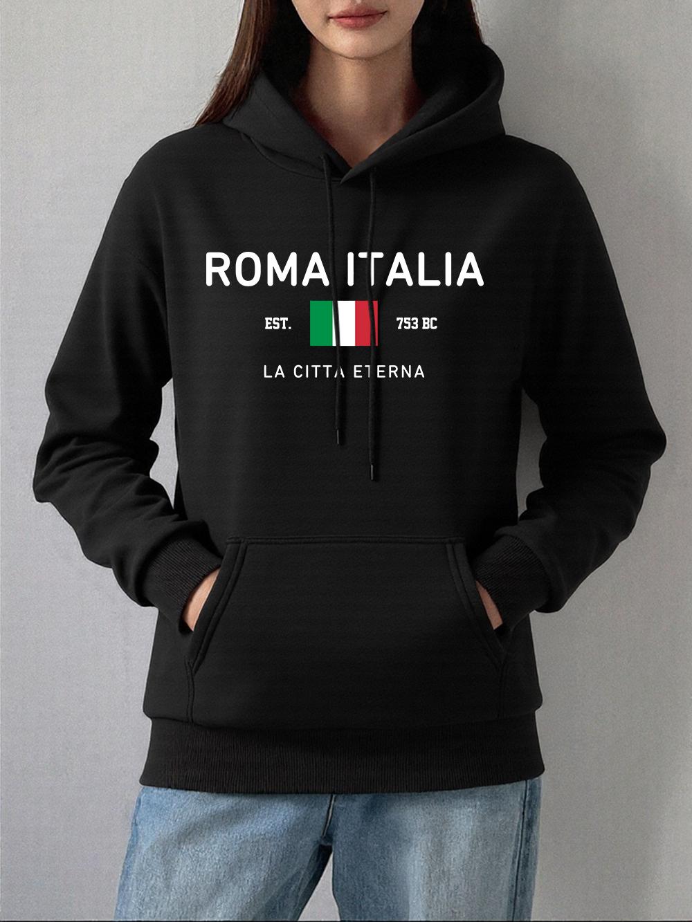 

Roma Italia Flag Printed Hoodies Women Autumn Winter Fleece Warm Pullovers Basics Pocket Sweatshirts Casual Loose Womans Clothes 2XL