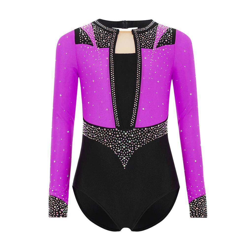 Girls Gymnastics Leotard Long Sleeve Keyhole Back Shiny Rhinestones Figure Skating Dancewear