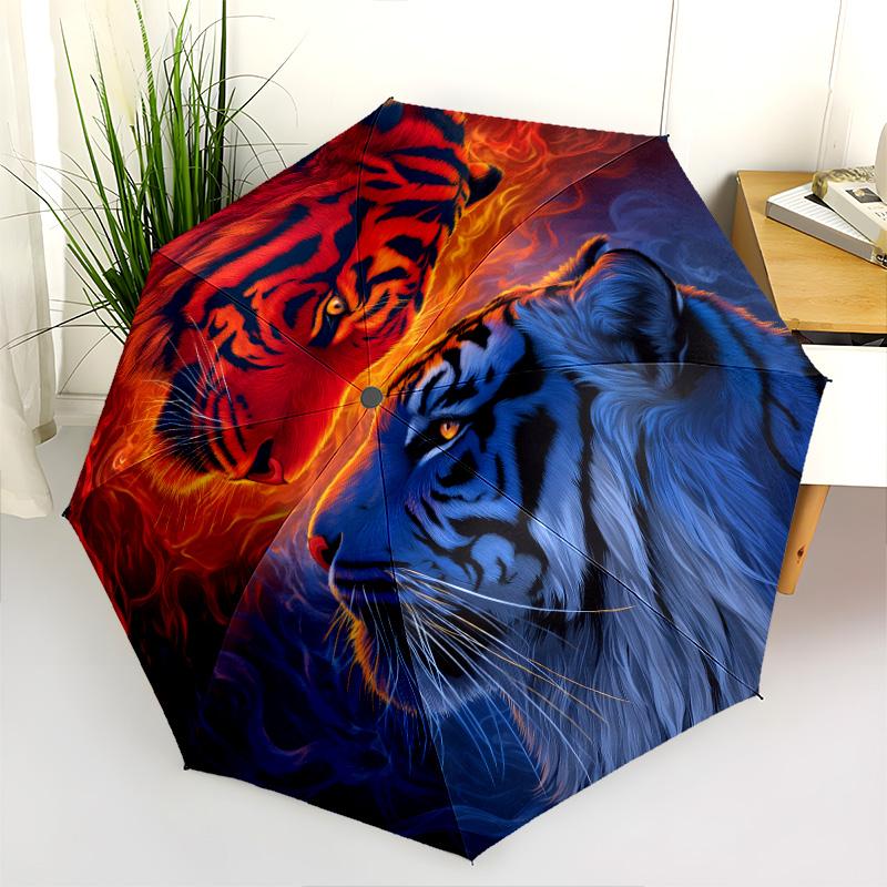 Tiger and Rooster  pattern, automatic folding umbrella, portable and foldable design, 8 ribs, a Christmas or birthday gift.