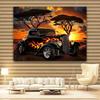 Stylish Old Car Tapestry, Hot Rod with Flames at African Sunset Landscape Wall Art for Party Backdrop